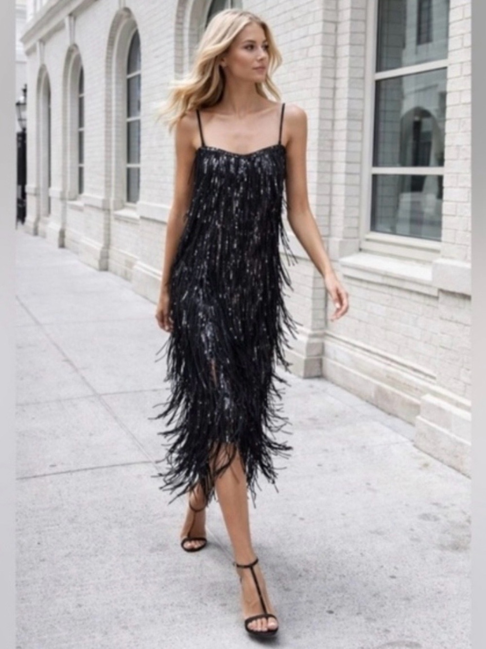 Zara Strapless Black Fringe Midi Dress with Removable Spaghetti Straps Size XS
